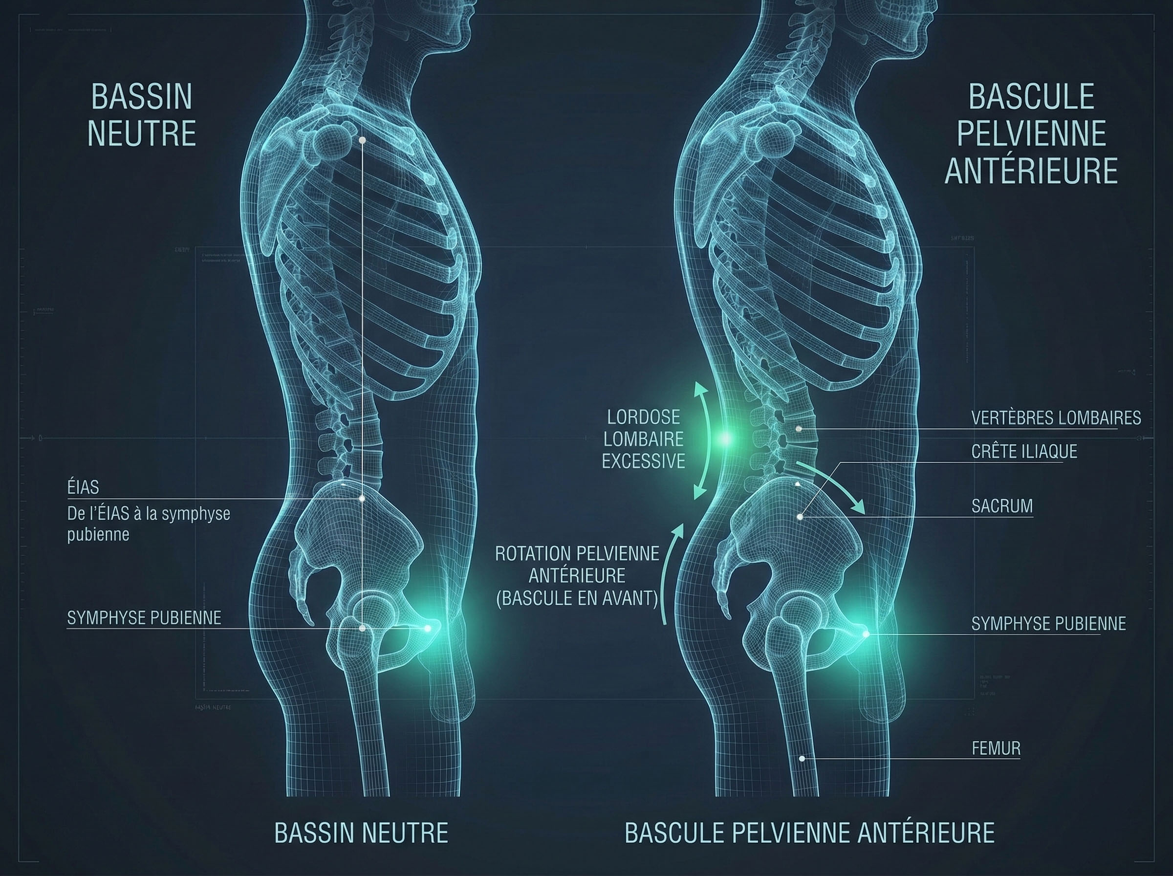 Schéma montrant l'alignement squelettique d'un bassin neutre par rapport à une antéversion pelvienne
