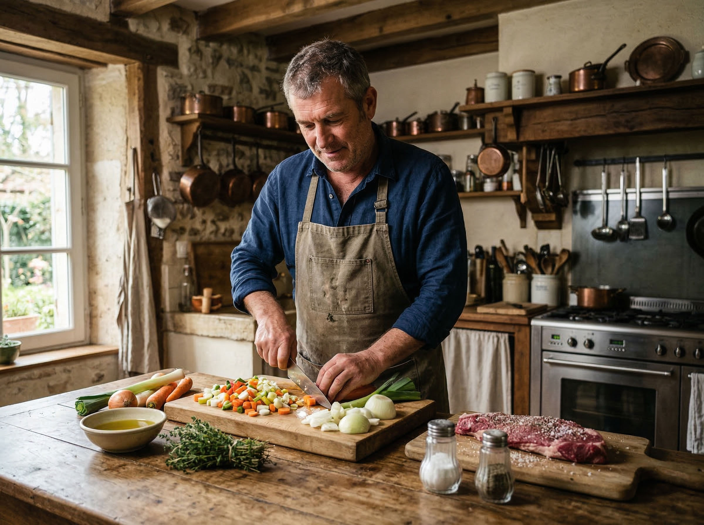 Homme préparant de la nourriture (coupant des légumes ou assaisonnant de la viande), cuisine rustique.