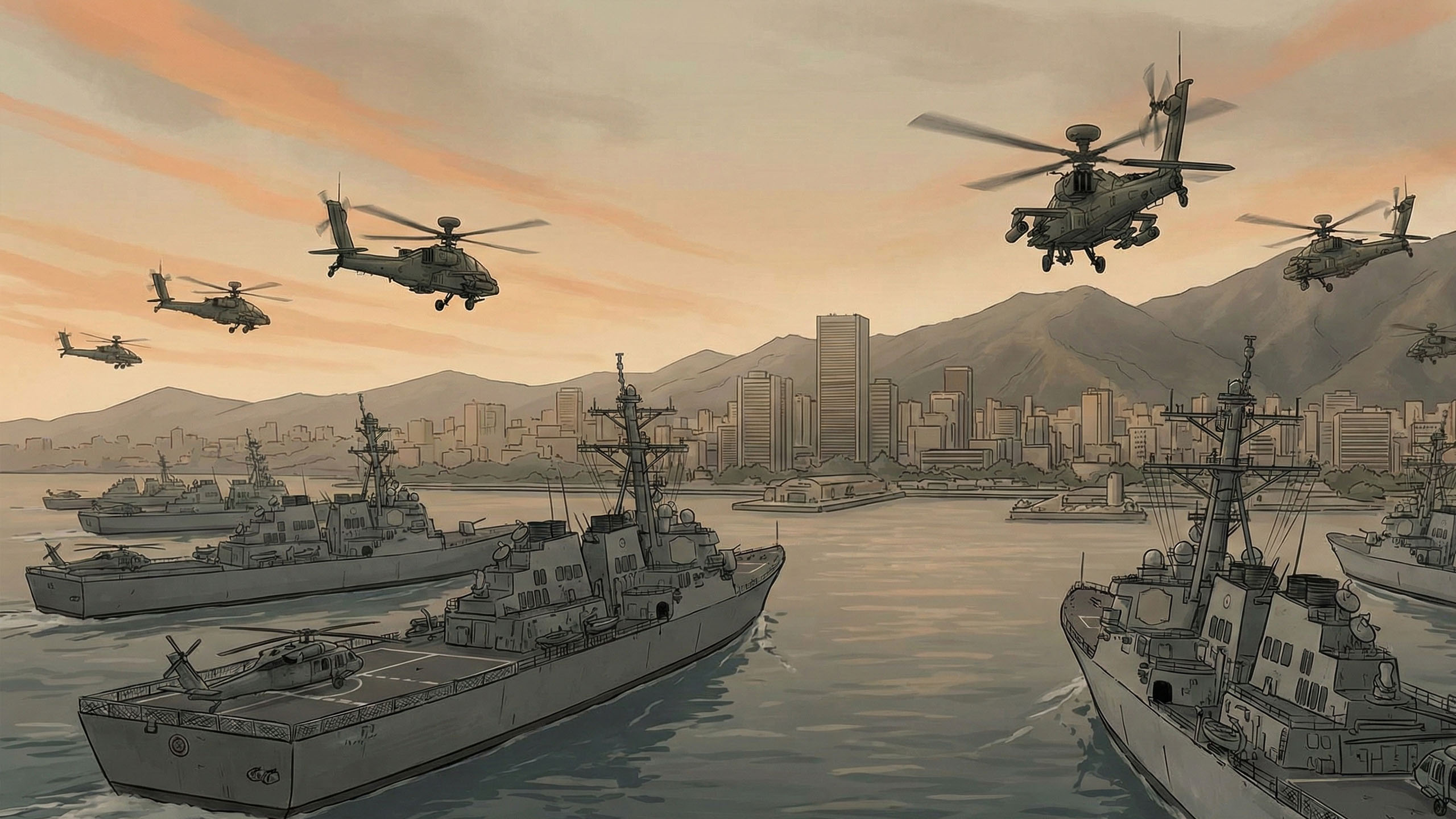 Illustration des forces militaires américaines entrant au Venezuela pour capturer Maduro.