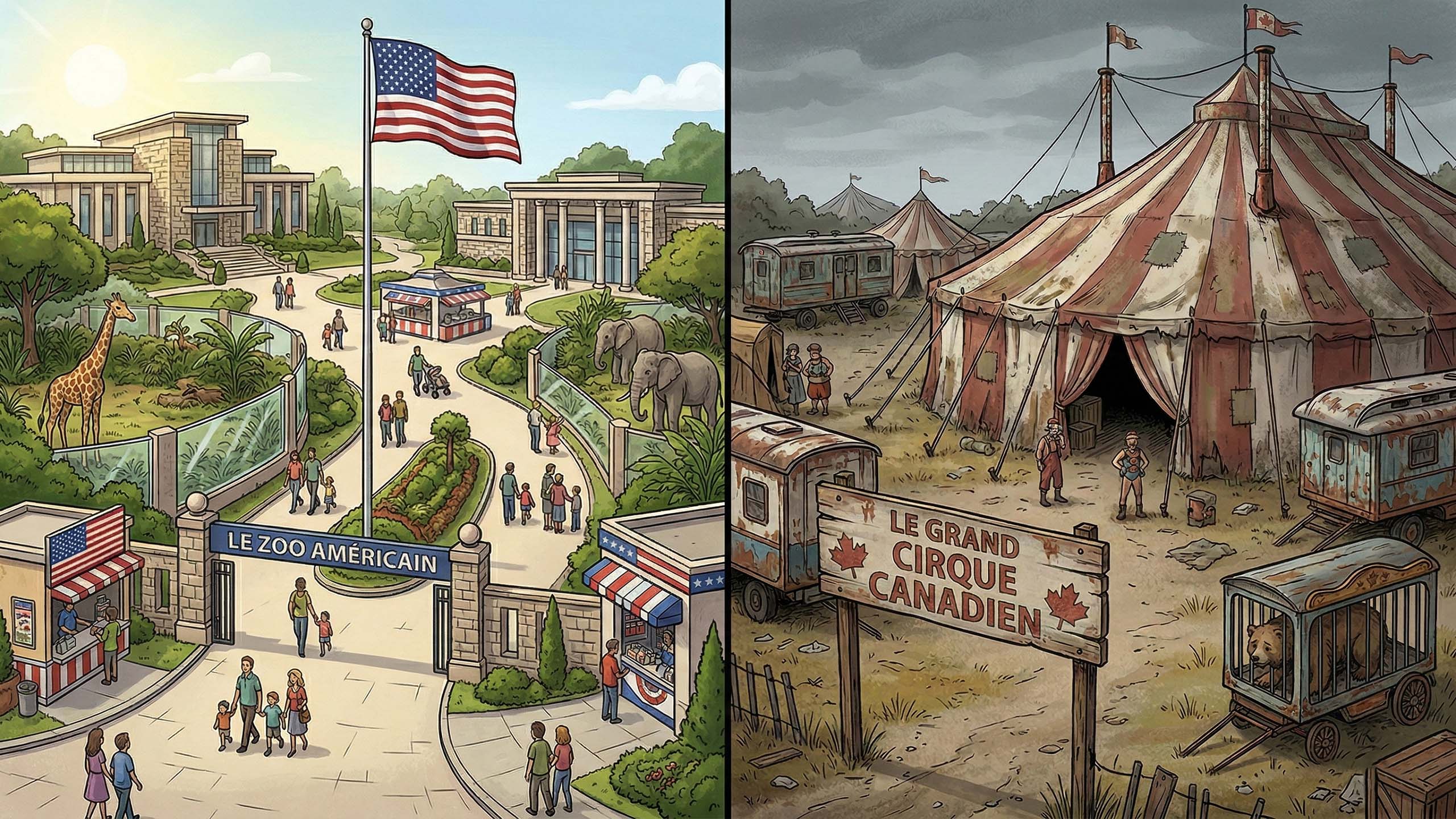 Illustration montrant le zoo politique américain moderne et le cirque politique canadien délabré.