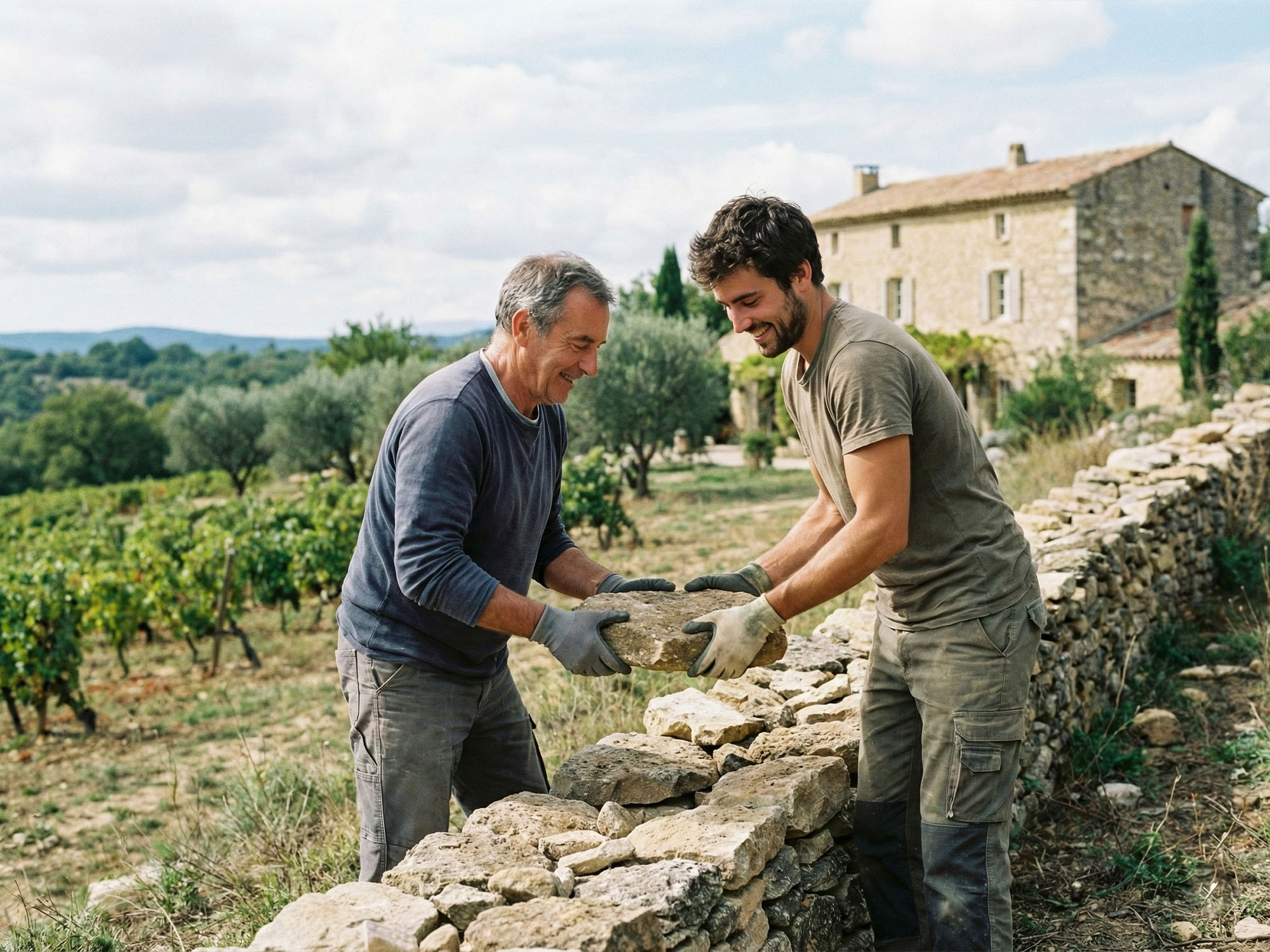 un père et son fils engagés dans une activité manuelle en plein air.