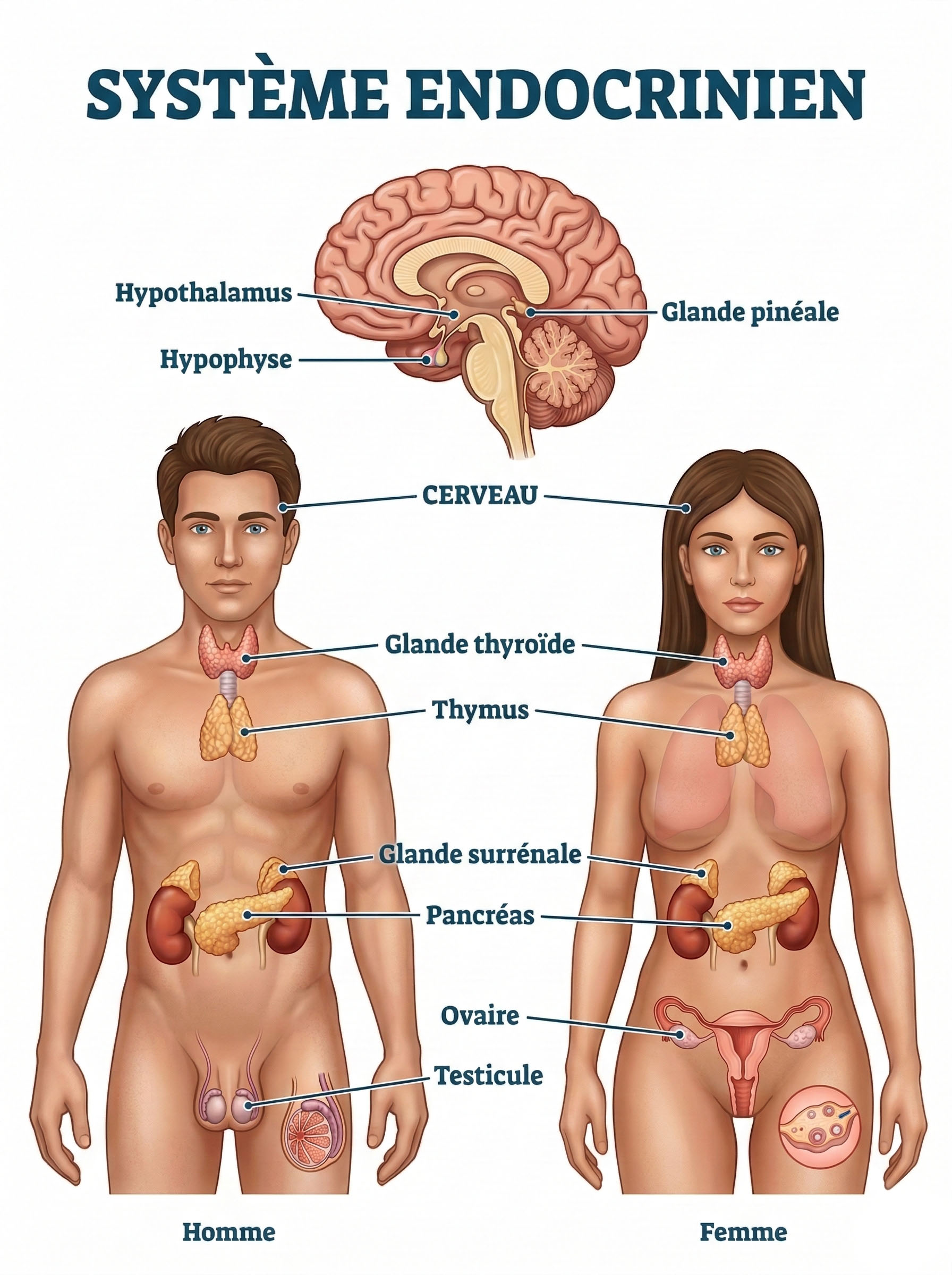 Le système endocrinien humain chez l'homme et la femme.