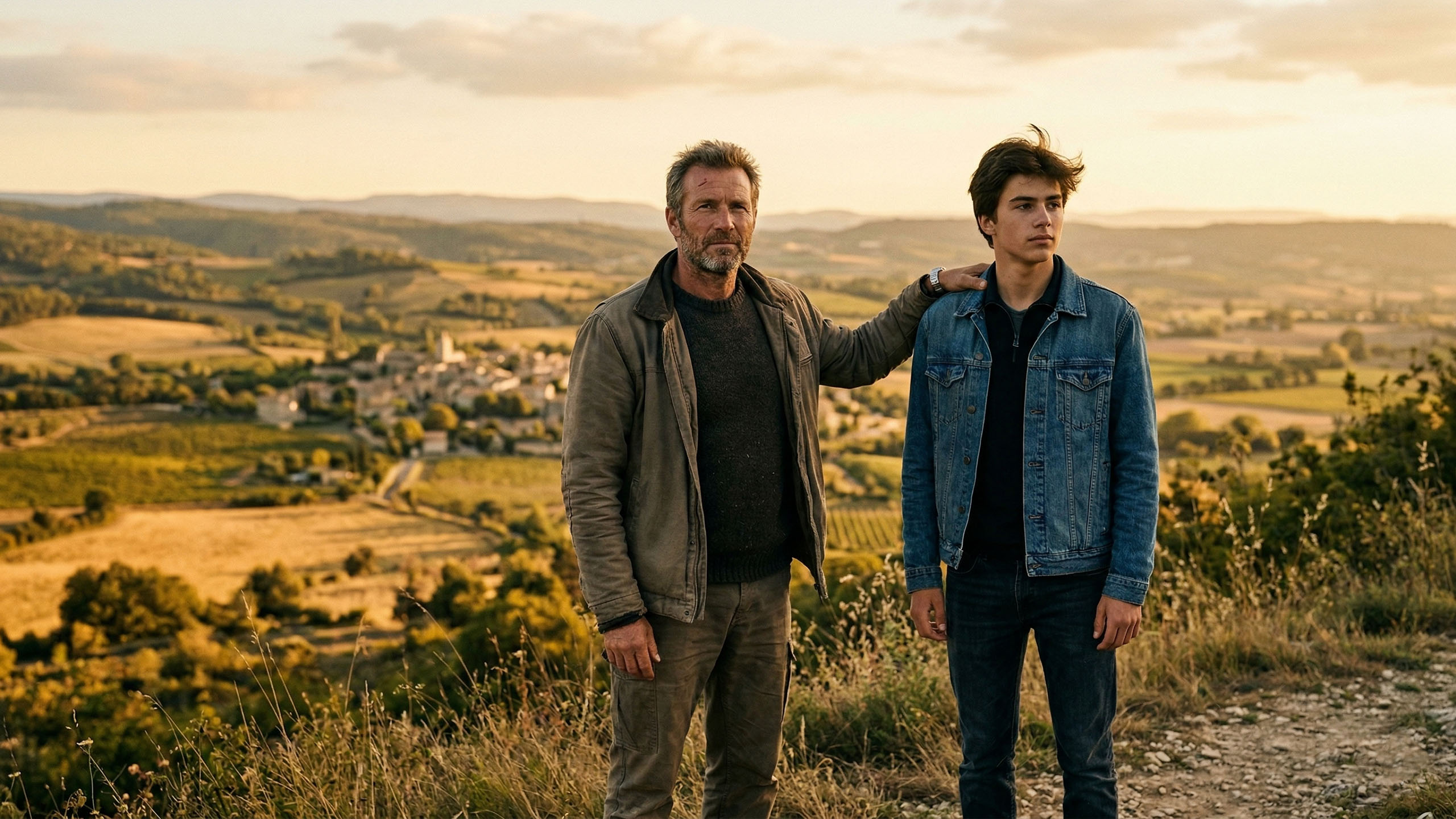 Un père et son fils debout ensemble à l'heure dorée, symbolisant la force masculine, la paternité et l'héritage familial