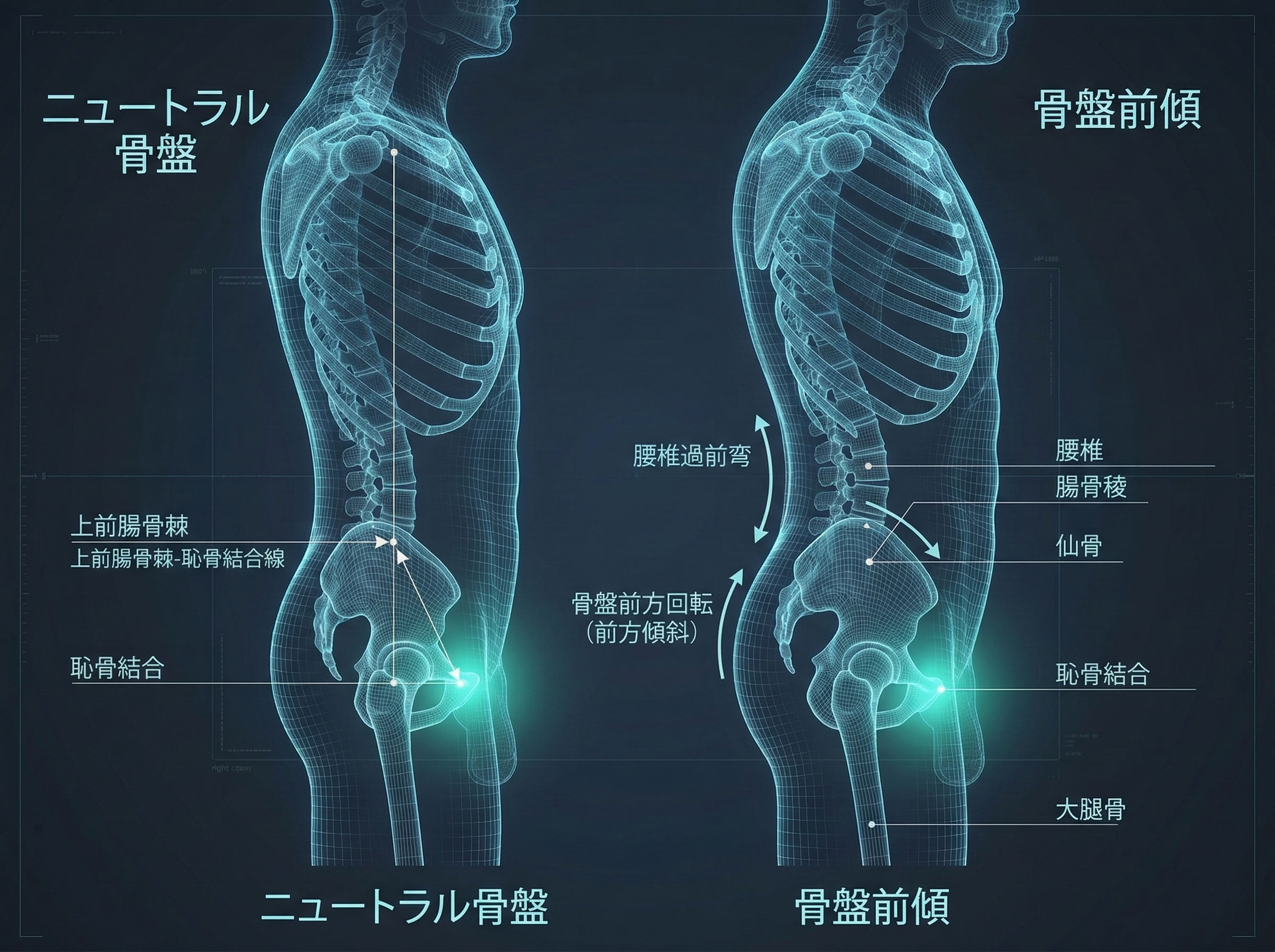 ニュートラルな骨盤と骨盤前傾（反り腰）の骨格アライメントを示す図