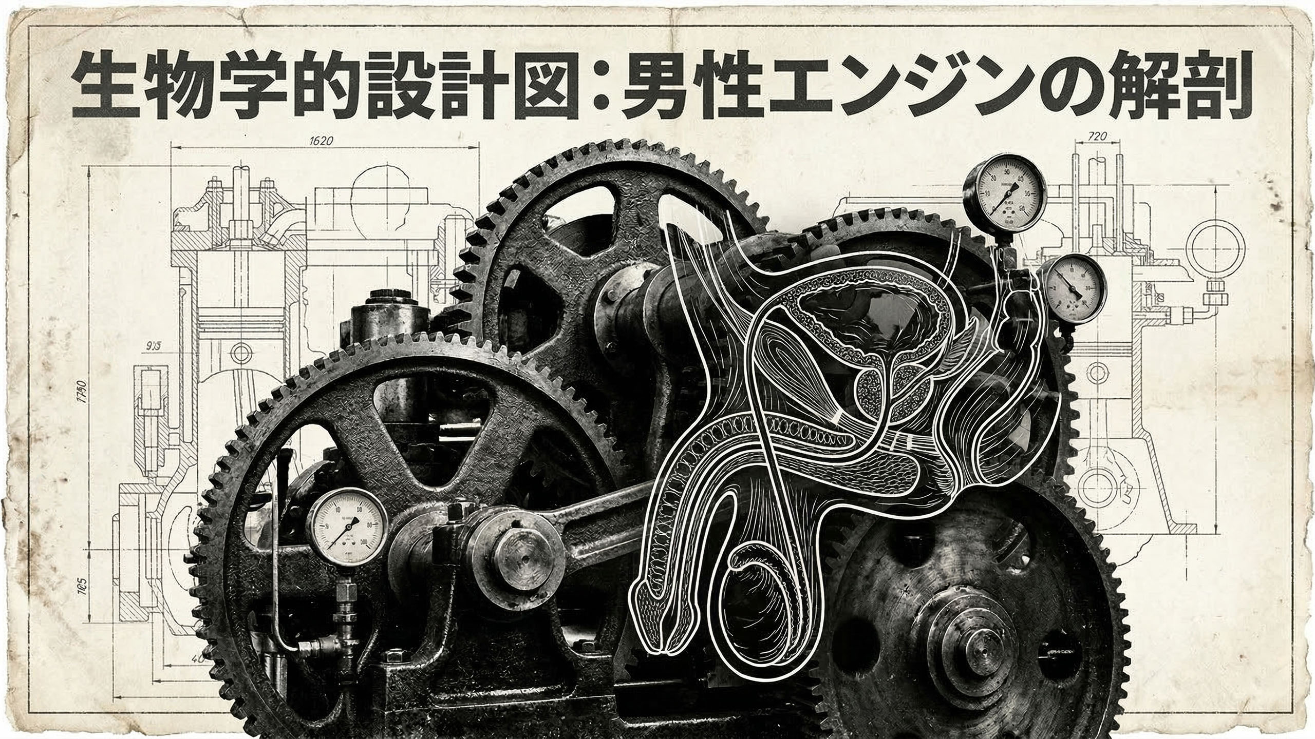 男性の生理構造を示すテクニカルブループリント風のイラスト。