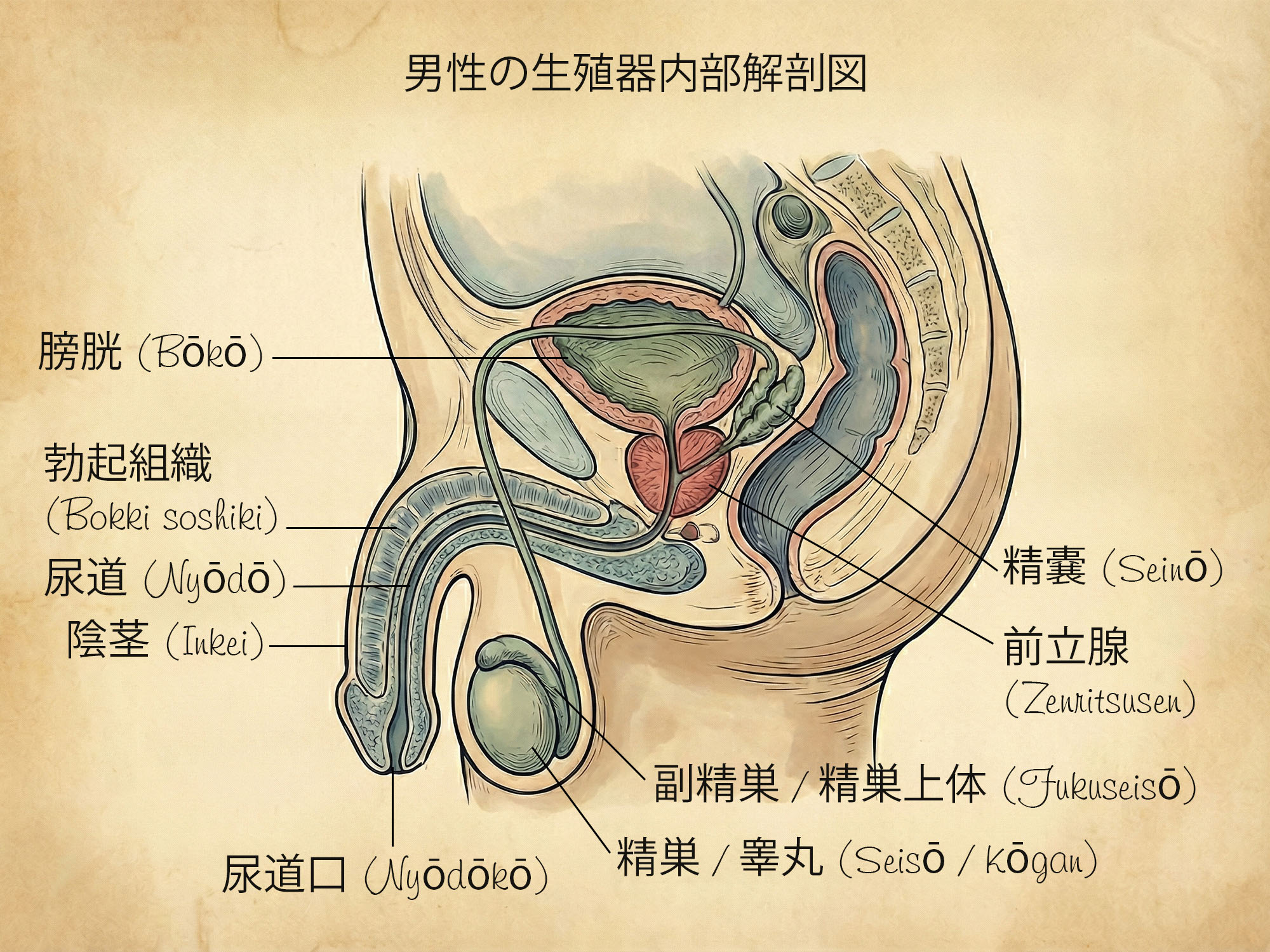 人間の男性生殖器内部解剖の医学的イラスト