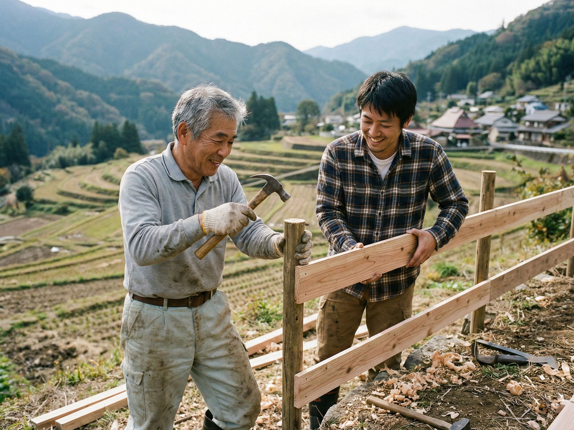 屋外で手作業に励む父と息子