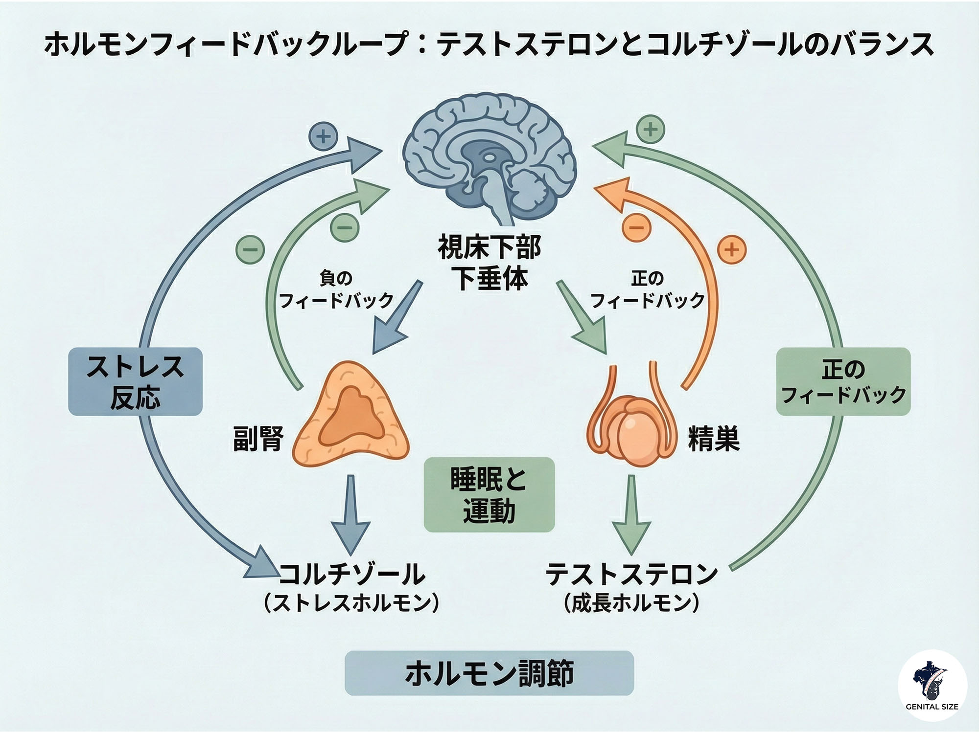 ホルモンフィードバックループ（テストステロンとコルチゾールのバランスに焦点を当てた図）