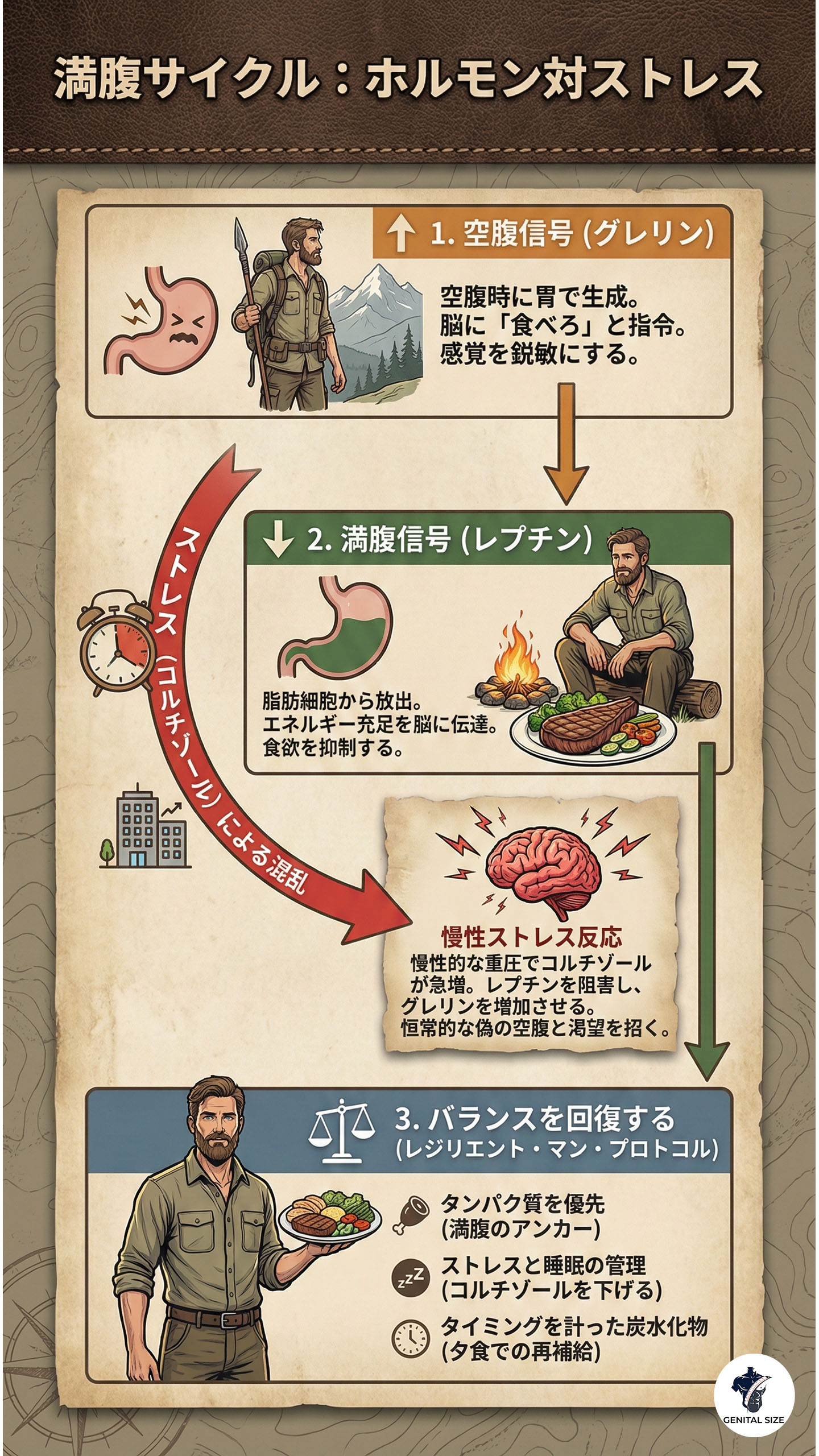 インフォグラフィック：満腹サイクル：ホルモン vs ストレス