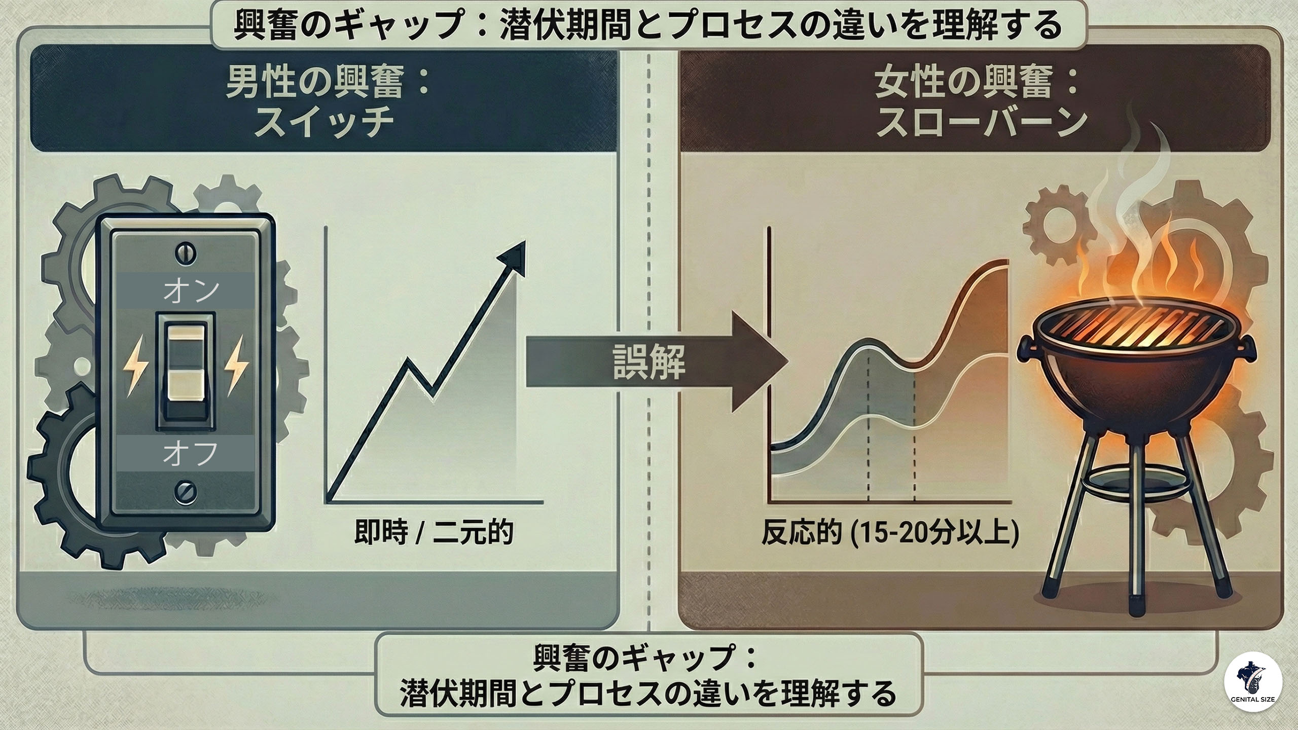 男性と女性の興奮の誤謬に関するインフォグラフィック。