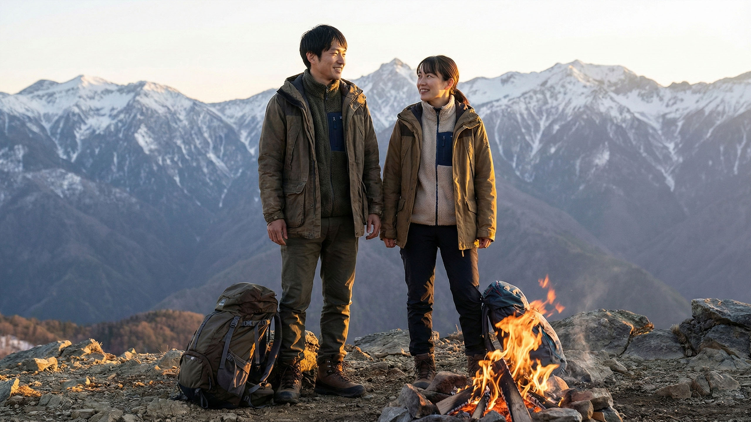 荒々しい自然の中で並んで立つ伝統的なカップル。