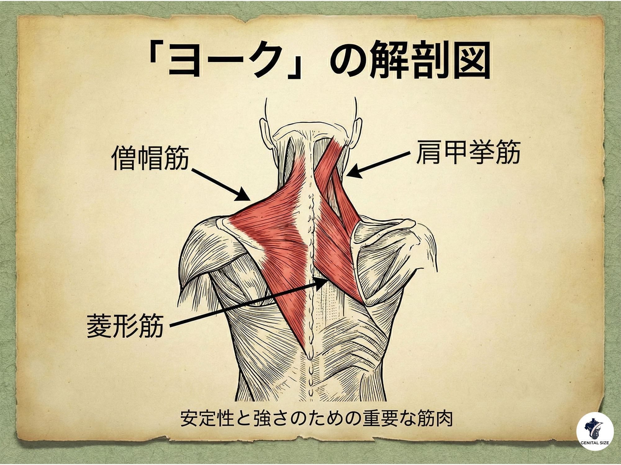 僧帽筋、脊柱起立筋、殿筋群を示す図。強き男の「ヨーク（軛）」を表す。