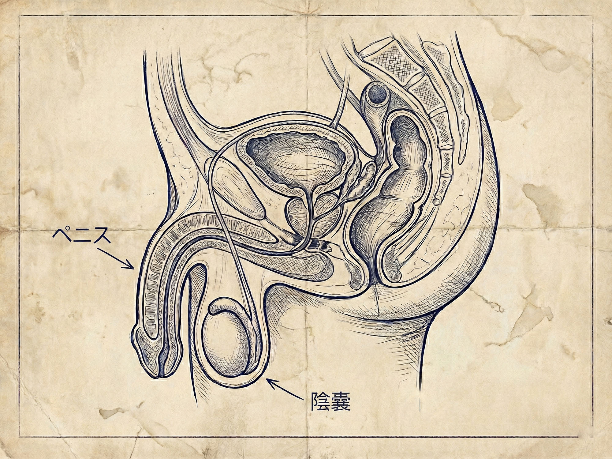 古びた質感のある製図用紙に描かれた、男性の生殖解剖図の様式化されたヴィンテージ風テクニカル・ブループリント・イラストレーション。