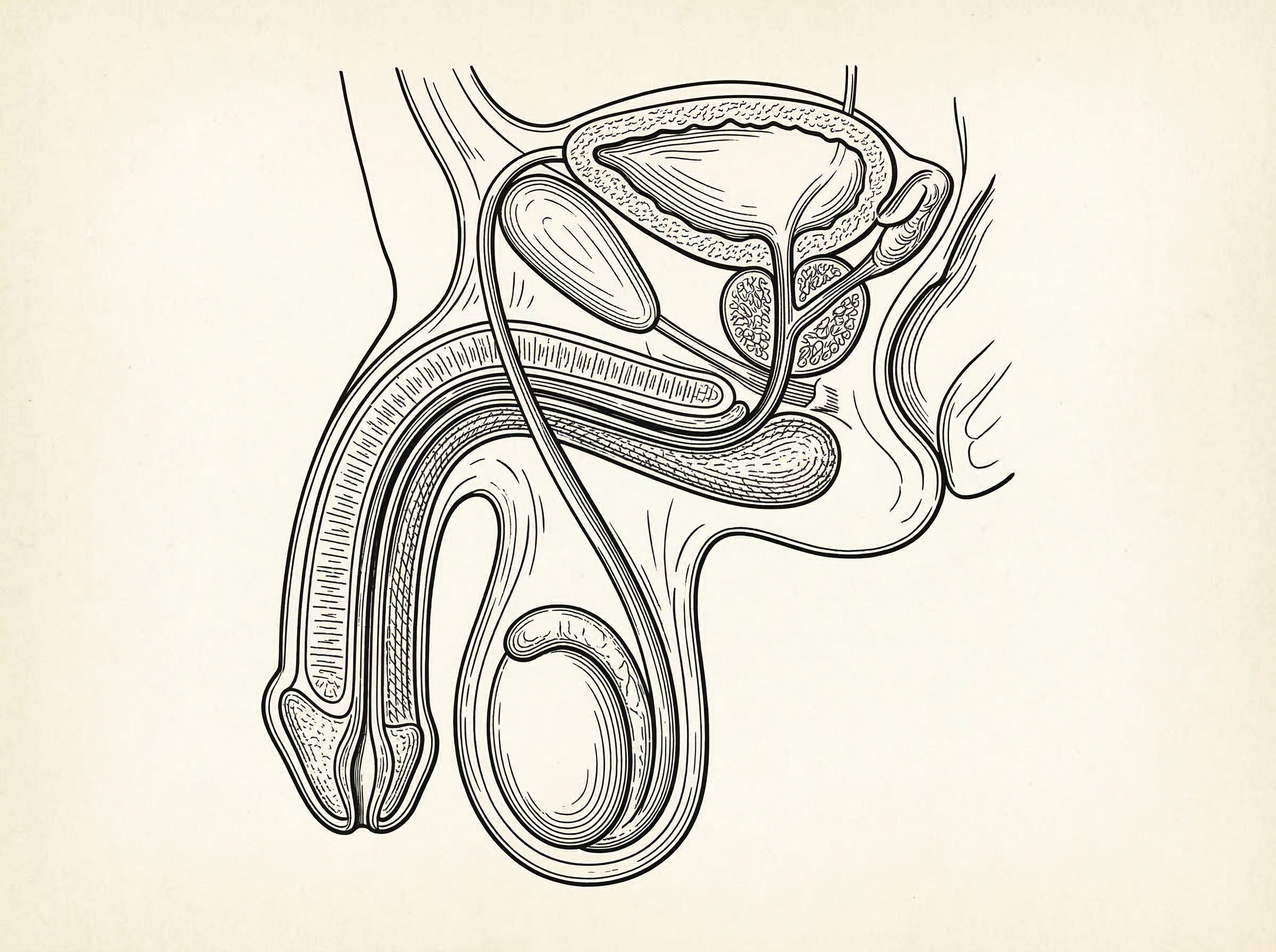 A detailed technical line art cross-section showing the internal chambers and structural anatomy of the male reproductive system in a vintage blueprint style.
