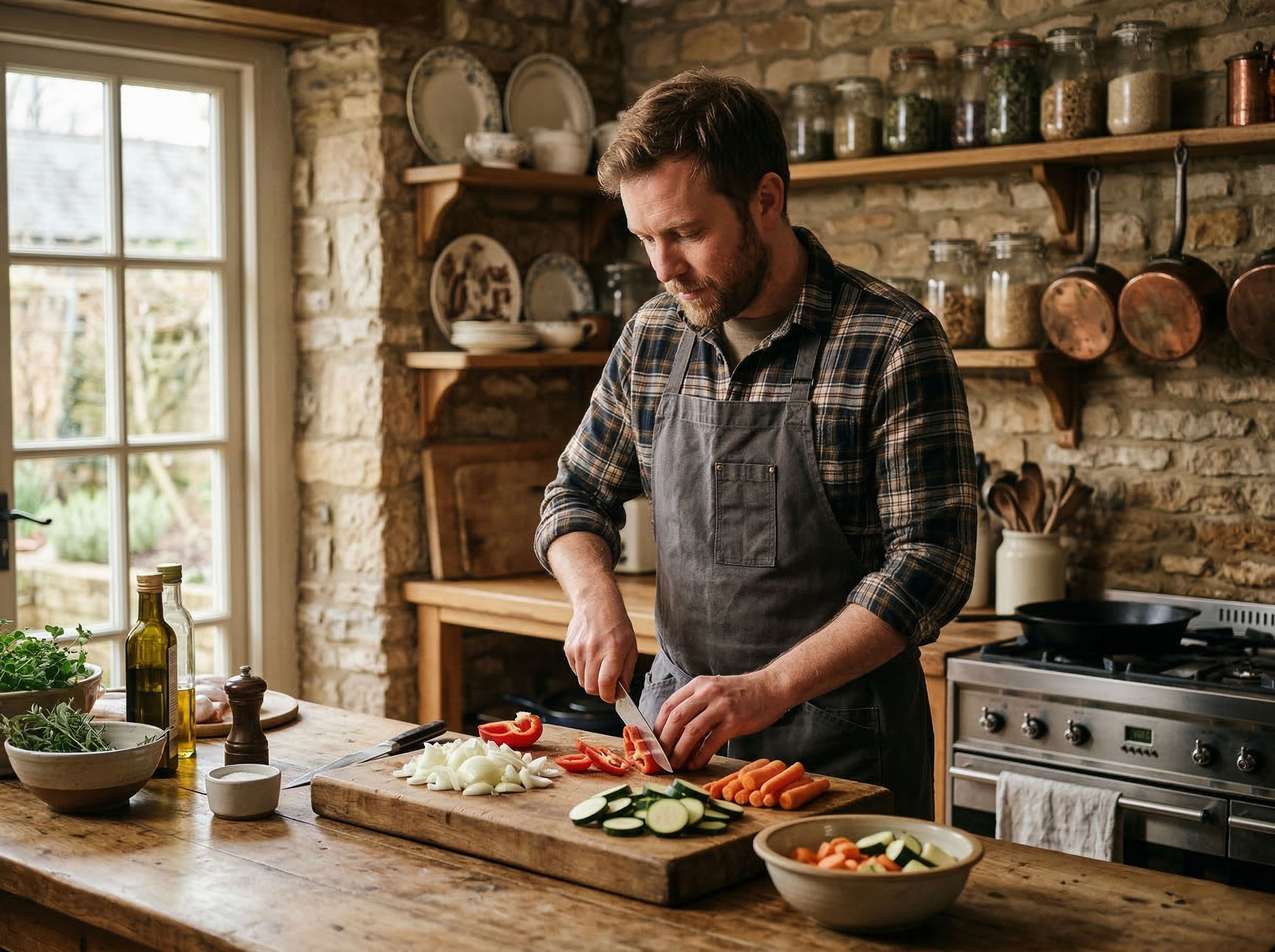 Man prepping food (chopping vegetables or seasoning meat), rustic kitchen.