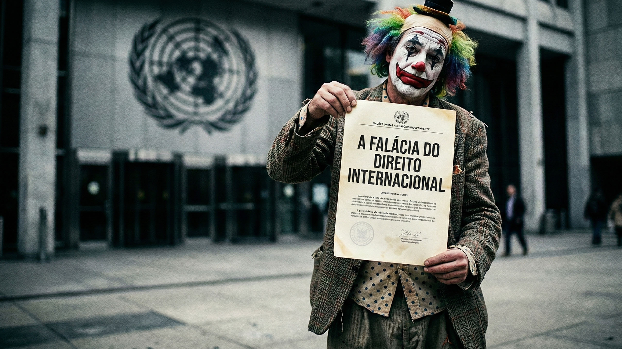 Uma representação simbólica da força militar versus símbolos burocráticos internacionais.