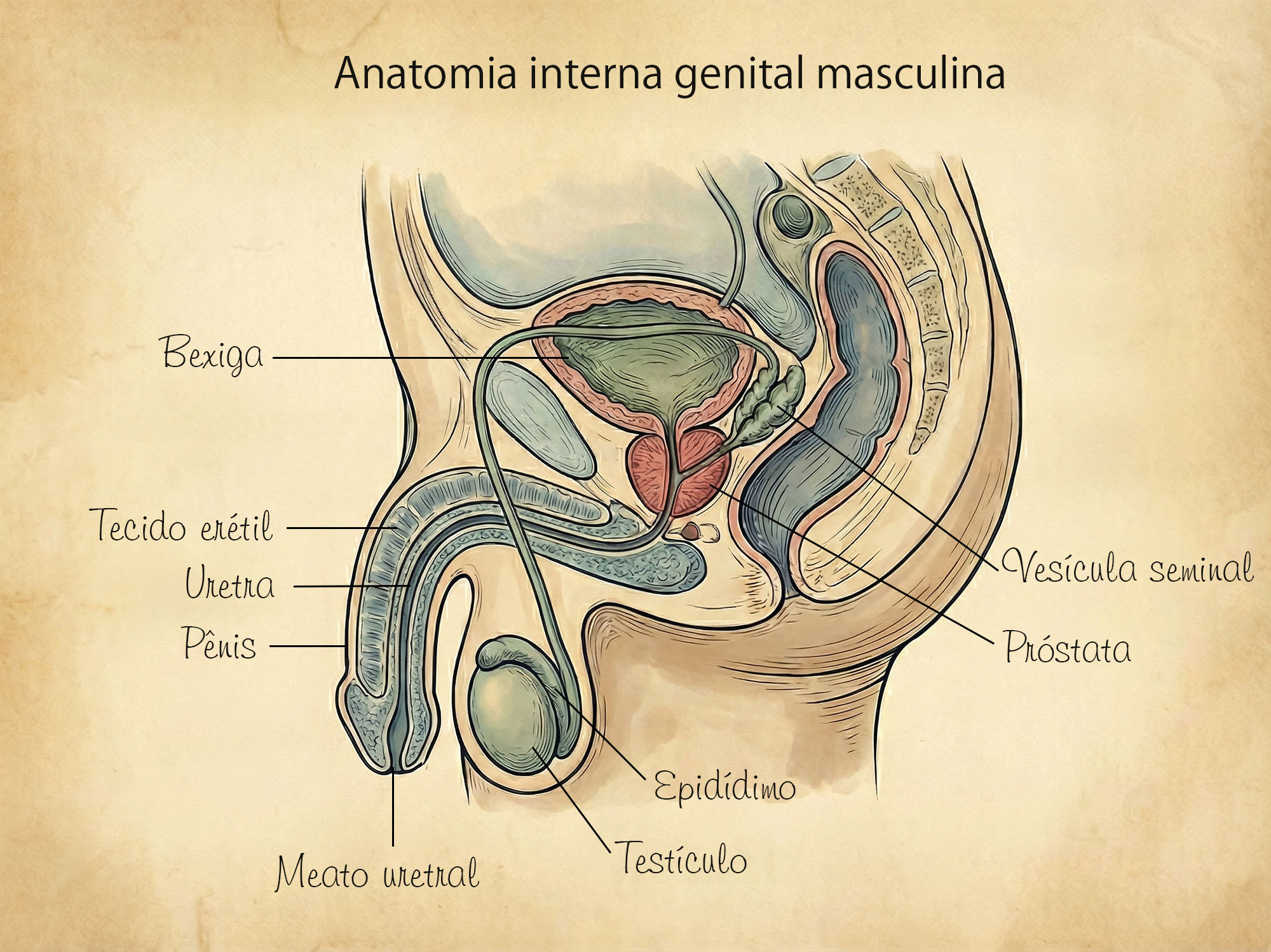 Ilustração médica da anatomia interna genital masculina humana.