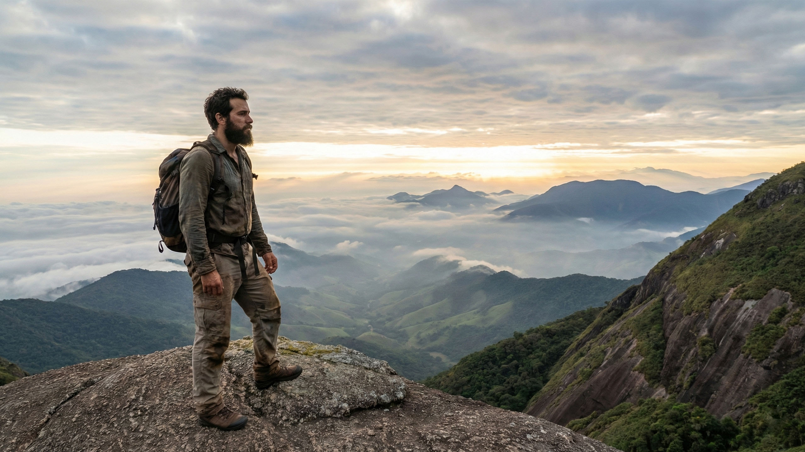 Um homem observa uma paisagem montanhosa e selvagem durante uma expedição solo.
