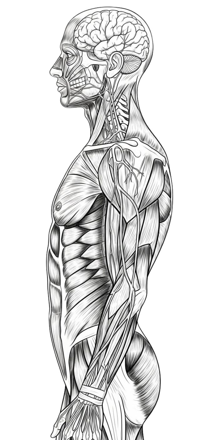 A side-profile anatomical illustration of a human male form, rendered in detailed black-and-white ink style.