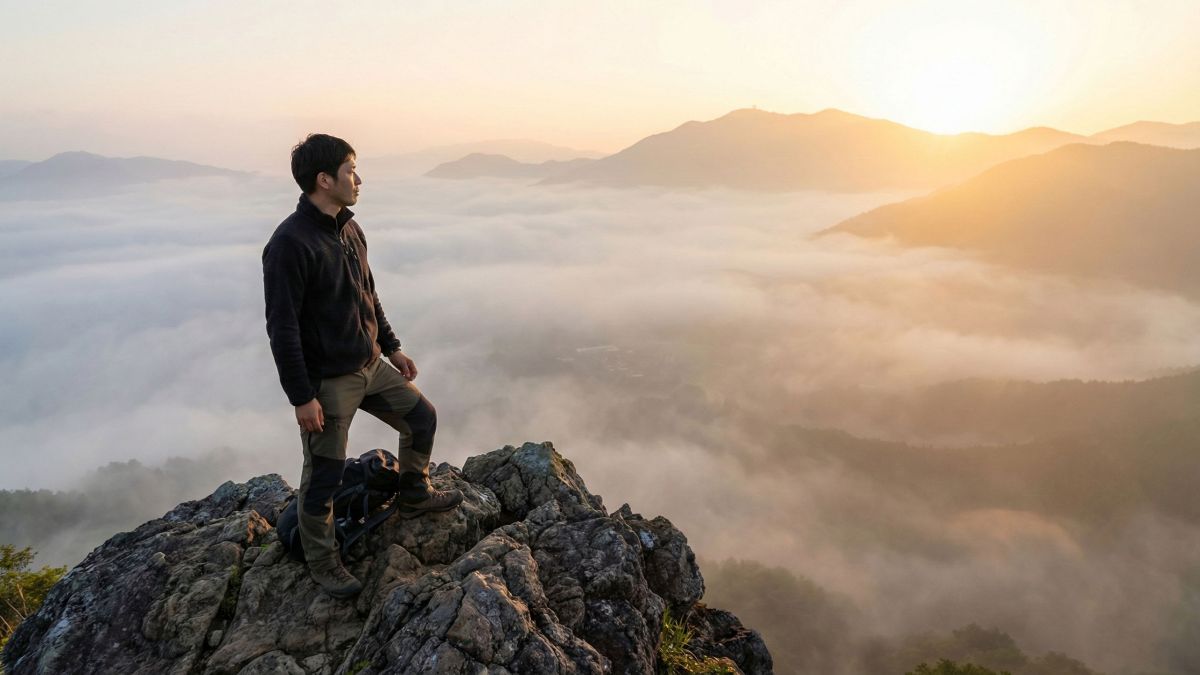 単独遠征中、険しい山岳地帯を見渡す男性。