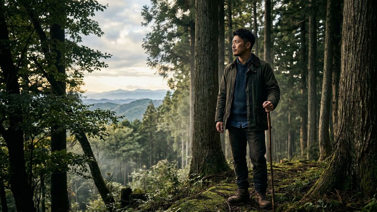 谷を見渡す決意ある男性。男性の健康と世代継承の象徴。