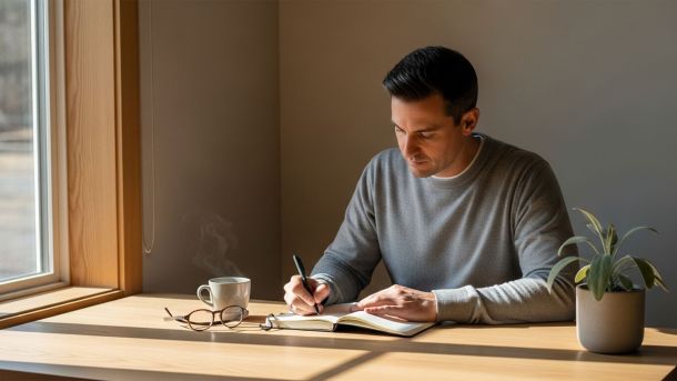 Mann reflektiert und schreibt in Notizbuch bei der Gestaltung eines an seinen Werten ausgerichteten Lebensstils.