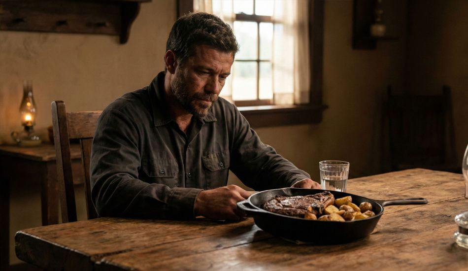 Um homem forte sentado à mesa de madeira, apreciando uma refeição tradicional e farta.