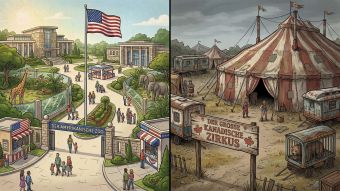 Illustration eines modernen amerikanischen politischen Zoos und eines heruntergekommenen kanadischen politischen Zirkus.
