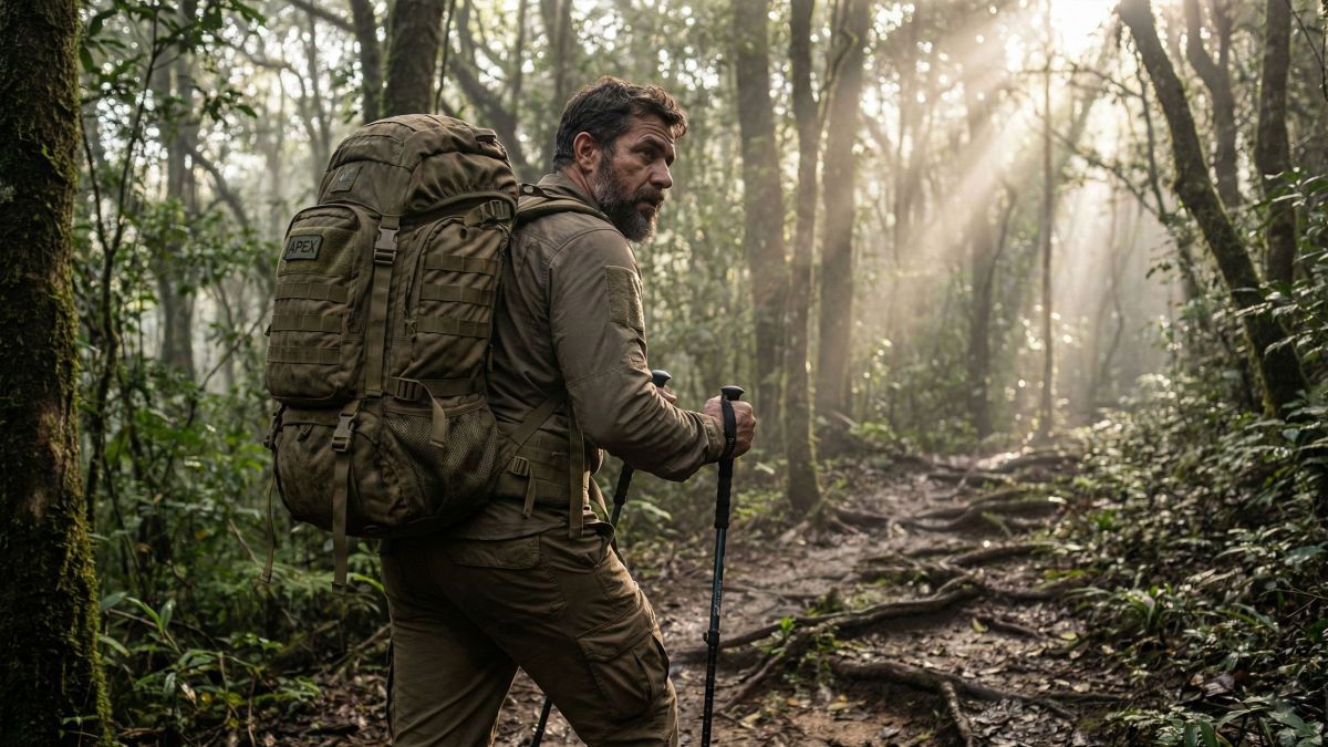 Um homem em forma caminhando ao ar livre, representando saúde masculina robusta e desempenho físico máximo.