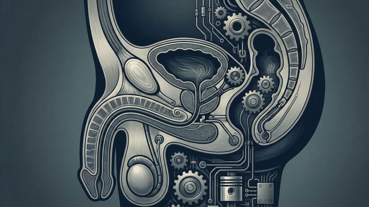 Diagramm zur Veranschaulichung der vier Phasen des männlichen sexuellen Reaktionszyklus und des Dualen Kontrollmodells.