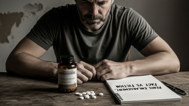 Hombre revisando suplementos de salud masculina con una lista de hechos vs ficción sobre la mesa.