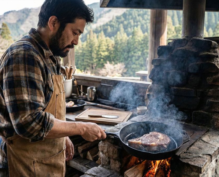 素朴な環境で高たんぱくのパフォーマンス食を準備する男性。