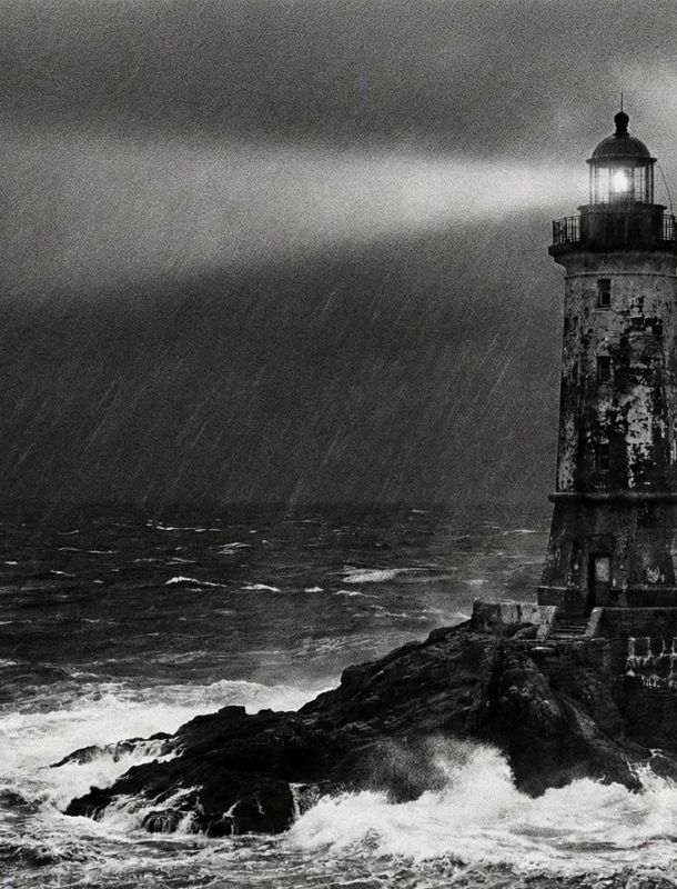 A sturdy stone lighthouse enduring a storm, symbolizing national stability.