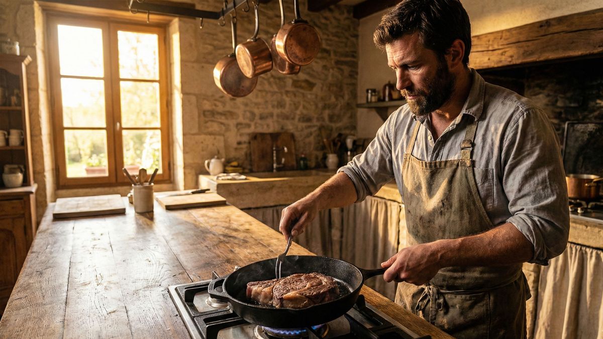 Un homme préparant un repas riche en protéines, représentant la nutrition de performance et le rôle de pourvoyeur.