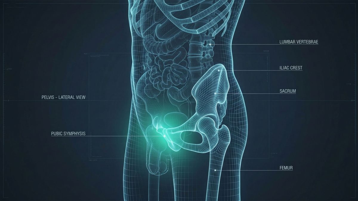 Medical illustration of a male pelvis highlighting the suprapubic area and pelvic alignment.