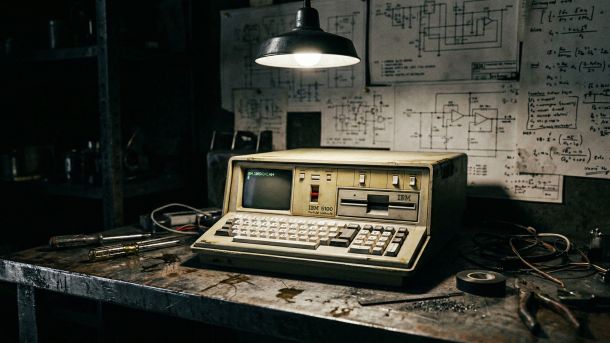 Gritty industrial shot of an IBM 5100 portable computer for time travel debugging.
