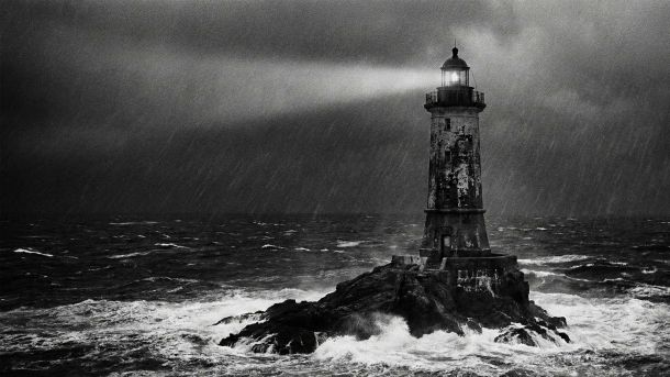 Un phare en pierre robuste endurant une tempête, symbolisant la stabilité nationale.