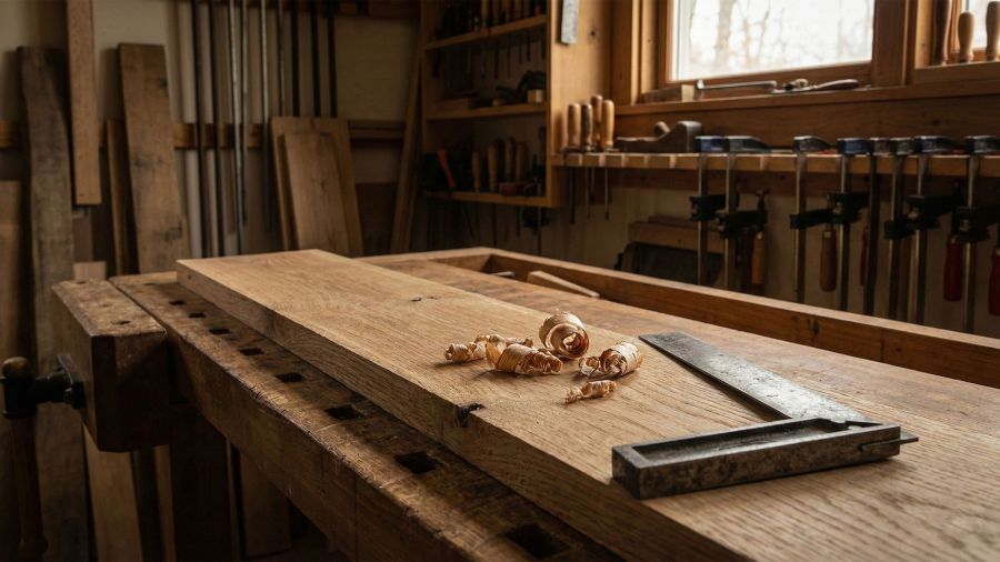 A man’s hands working with traditional woodworking tools on a sturdy workbench.