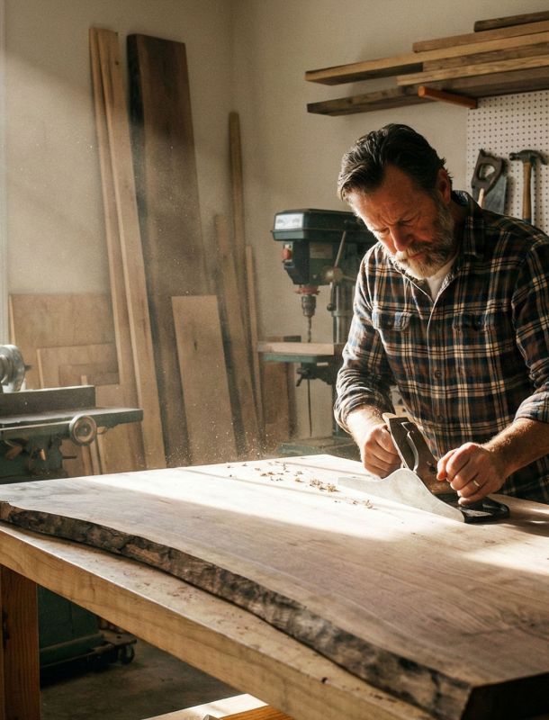 Un homme travaillant sur un projet artisanal dans son garage pour construire un sens hors du travail.