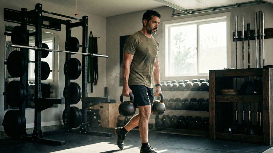 Homem forte a realizar treino de força funcional para optimizar a saúde e a longevidade.