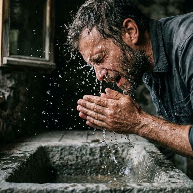 A man with a short beard splashes water on his face in a minimalist bathroom.