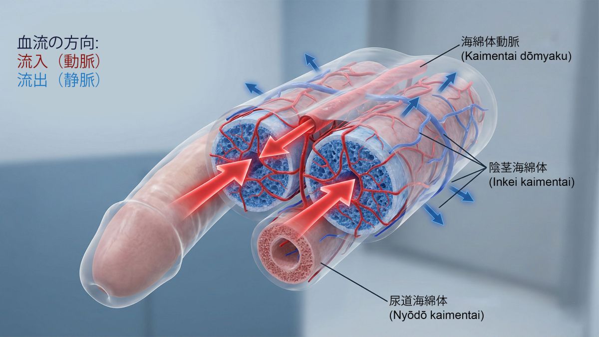 覚醒中の男性解剖学の内部油圧室を示す図。