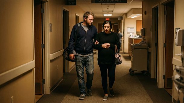 A father to be walking with his wife to the maternity unit, emotional and overwhelmed with love