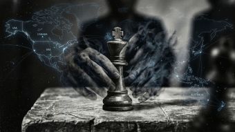 A strategic chess metaphor representing foreign infiltration of Western government sovereignty.