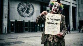 Eine symbolische Darstellung militärischer Stärke versus internationaler bürokratischer Symbole.