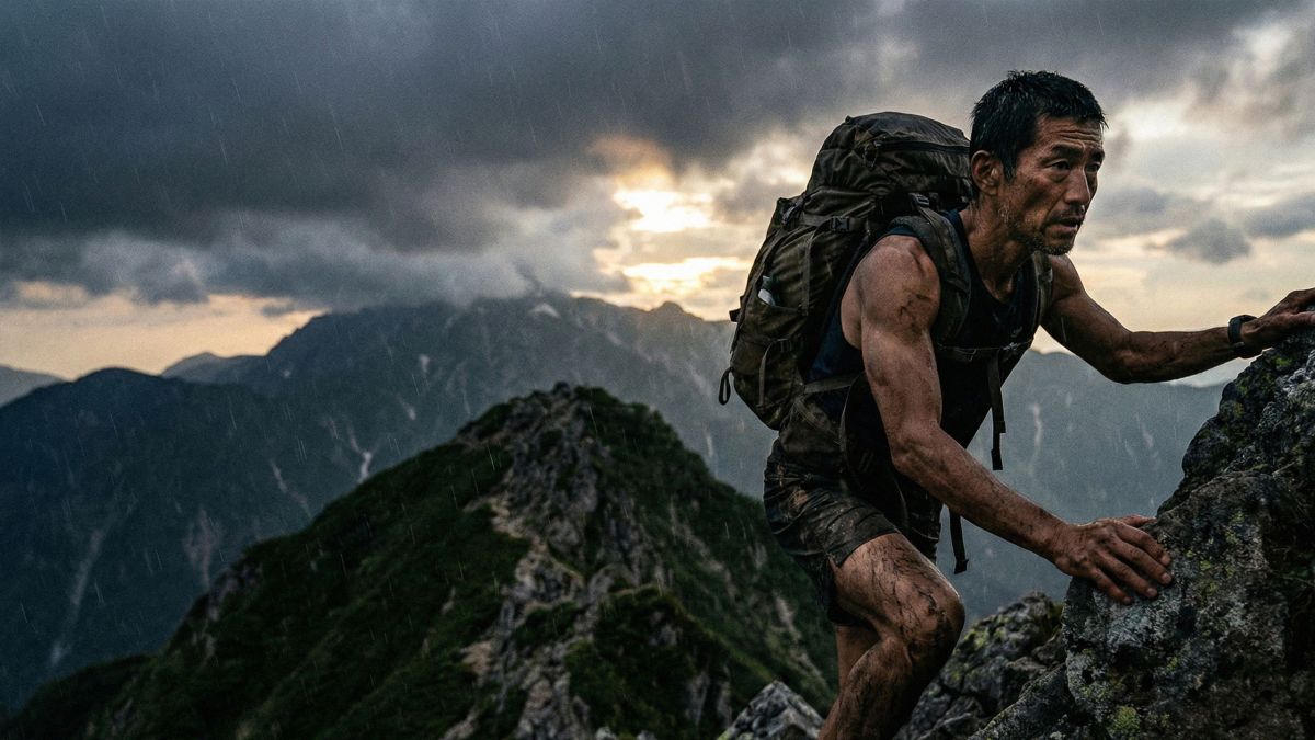 伝統的な男性の生命力を象徴する、険しい環境でトレーニングする筋肉質の男性。