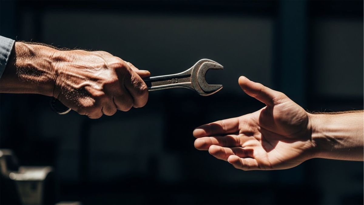 息子に技術を教える父親。知識の伝承と家系の象徴。