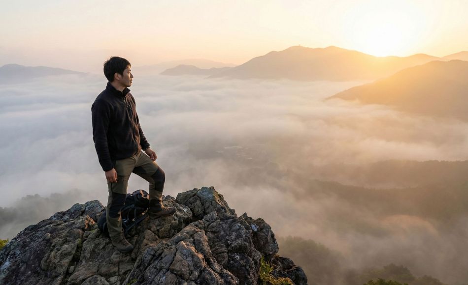 単独遠征中、険しい山岳地帯を見渡す男性。