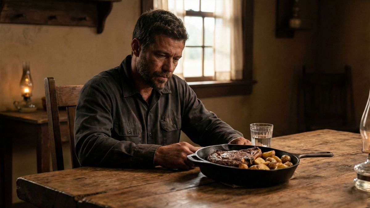 Um homem forte sentado à mesa de madeira, apreciando uma refeição tradicional e farta.