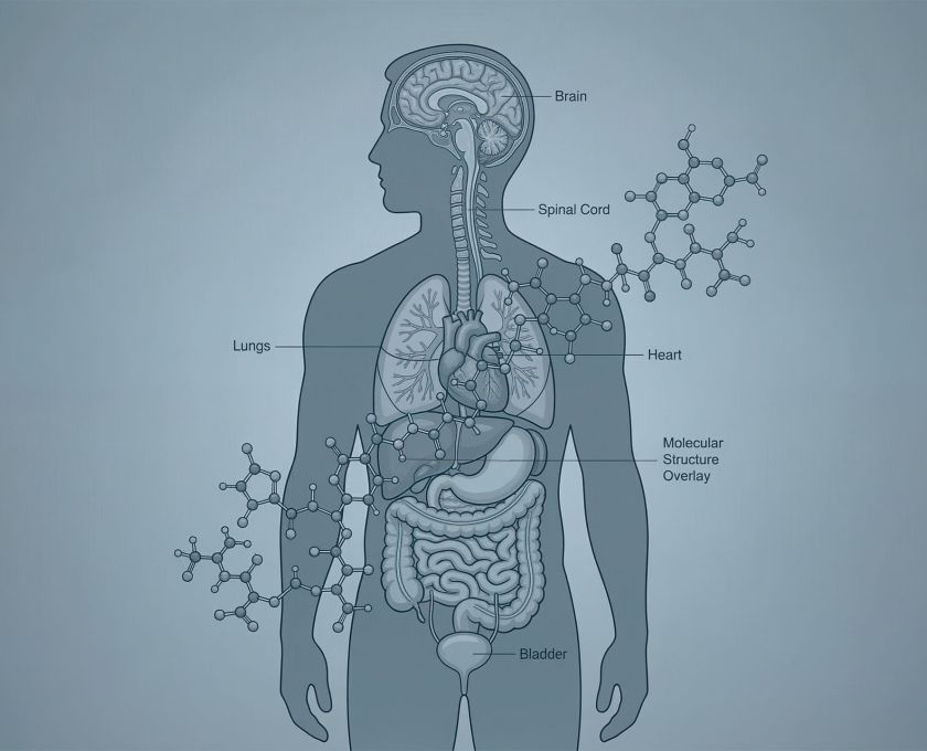 Illustration of male figure overlaid with microplastic molecular structure, representing testosterone decline forecast to 2050